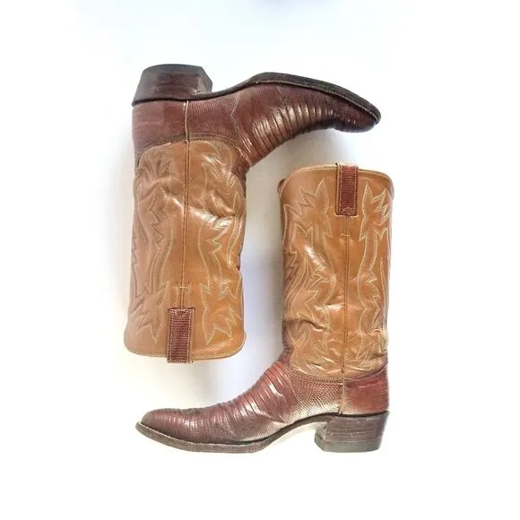 Vtg JUSTIN Brown Lizard Leather Cowboy Boots Sz 9 Men's 9031 Western Exotic