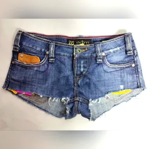 Vtg Low Rise Distressed Leather Insets Denim Western B-Fly Cutoffs, Sz 25