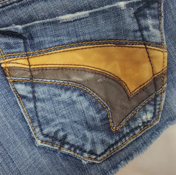 Vtg Low Rise Distressed Leather Insets Denim Western B-Fly Cutoffs, Sz 25