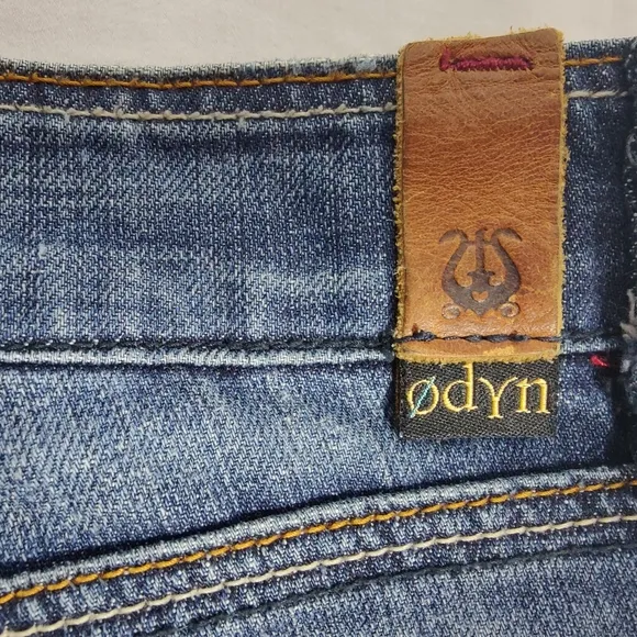Vtg Low Rise Distressed Leather Insets Denim Western B-Fly Cutoffs, Sz 25