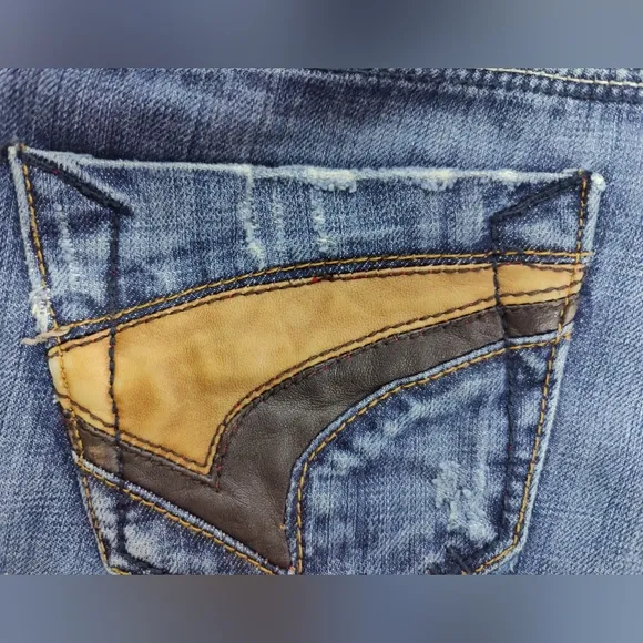 Vtg Low Rise Distressed Leather Insets Denim Western B-Fly Cutoffs, Sz 25