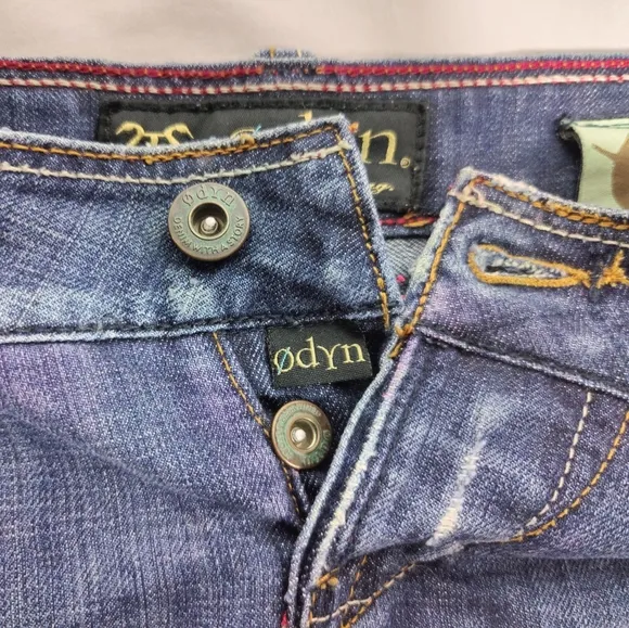 Vtg Low Rise Distressed Leather Insets Denim Western B-Fly Cutoffs, Sz 25