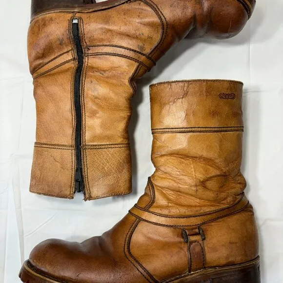 VTG. Weeds by Florsheim Brown Leather Western Style Boots Lug Sole