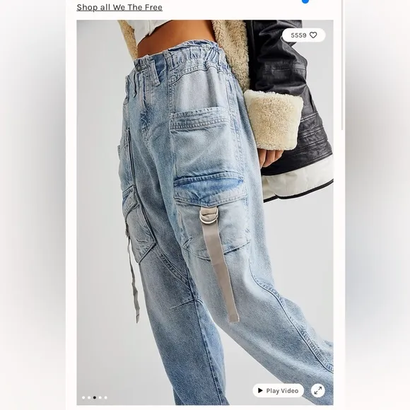 We The Free Hazel Pull On Drop Waist Harem Cargo Pocket Jeans