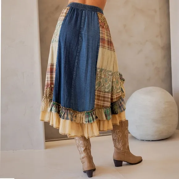 Western Boho Chic: Patchwork Midi Skirt