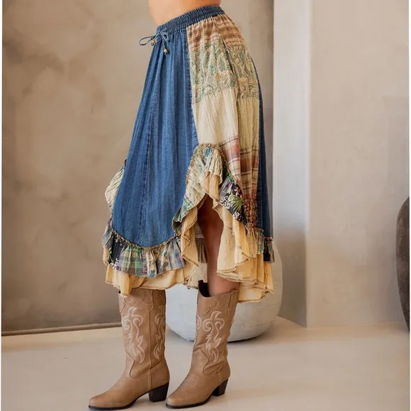 Western Boho Chic: Patchwork Midi Skirt