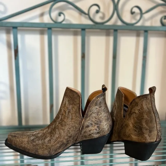 😍Western Chic! Bronze Brown Boho Ankle Boots Stitched Tan Spring Summer Cowgirl