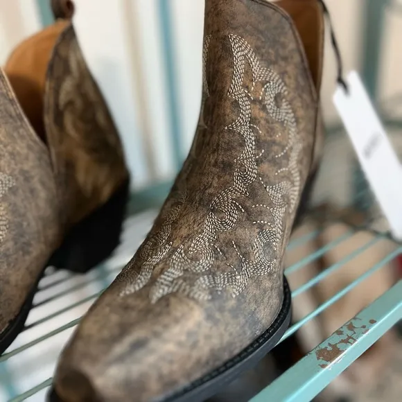 😍Western Chic! Bronze Brown Boho Ankle Boots Stitched Tan Spring Summer Cowgirl