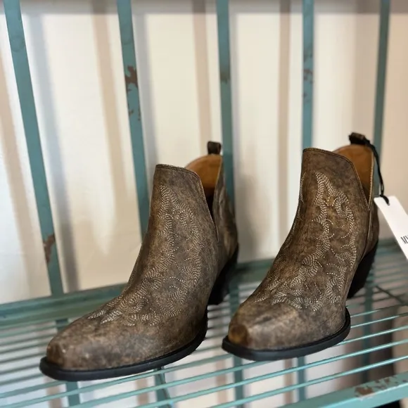 😍Western Chic! Bronze Brown Boho Ankle Boots Stitched Tan Spring Summer Cowgirl