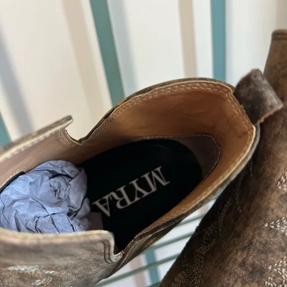 😍Western Chic! Bronze Brown Boho Ankle Boots Stitched Tan Spring Summer Cowgirl