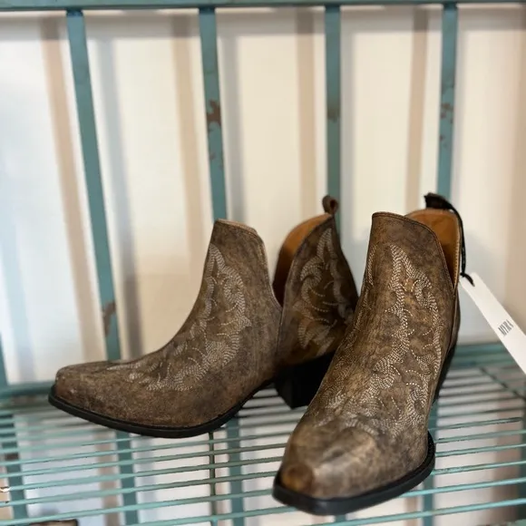 😍Western Chic! Bronze Brown Boho Ankle Boots Stitched Tan Spring Summer Cowgirl