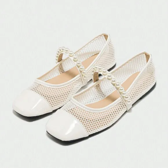 White Elegant Women's Summer Pearl One-Strap Breathable Mesh Sandals