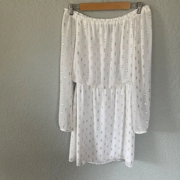 White House Black Market Jacquard Boho Dress Off the Shoulders Sz XS White/Gold