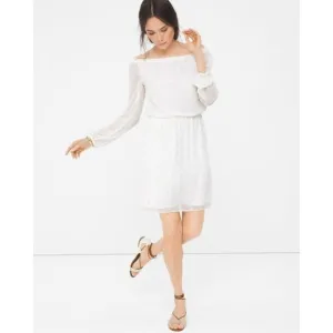 White House Black Market Jacquard Boho Dress Off the Shoulders Sz XS White/Gold