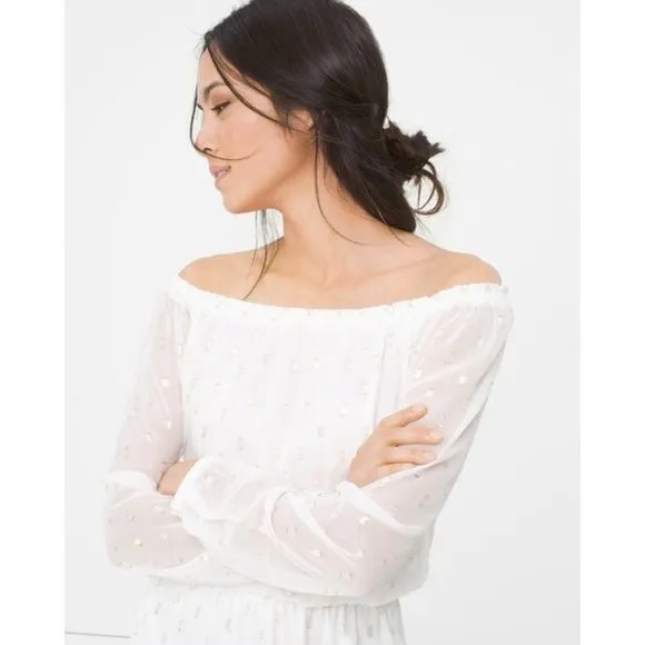 White House Black Market Jacquard Boho Dress Off the Shoulders Sz XS White/Gold