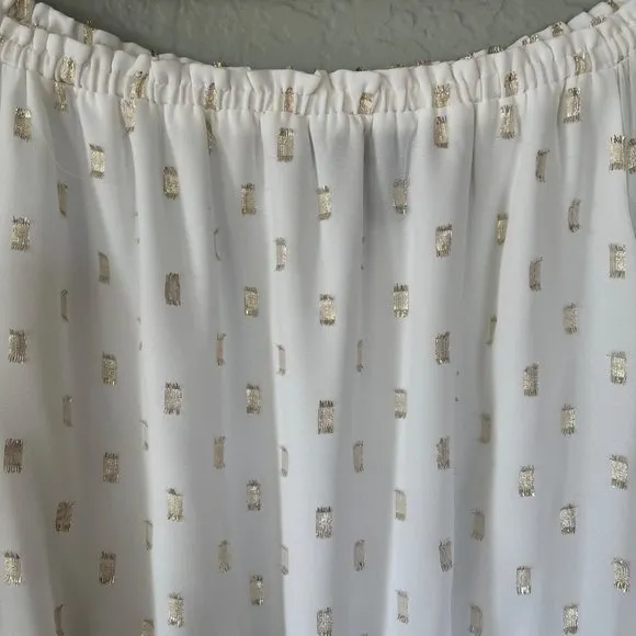 White House Black Market Jacquard Boho Dress Off the Shoulders Sz XS White/Gold