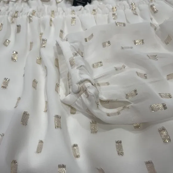 White House Black Market Jacquard Boho Dress Off the Shoulders Sz XS White/Gold
