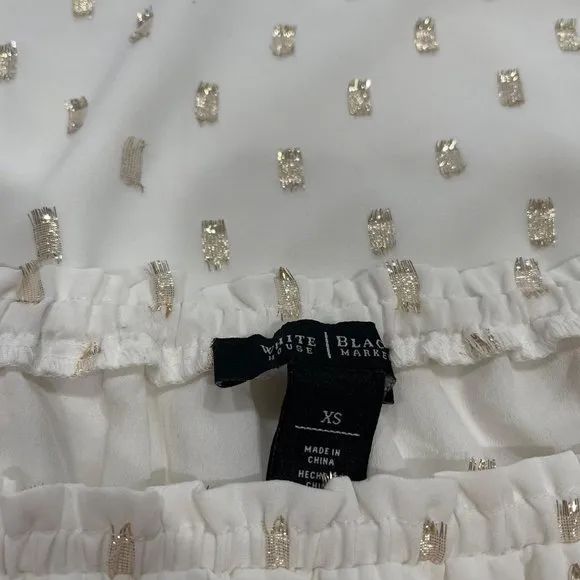 White House Black Market Jacquard Boho Dress Off the Shoulders Sz XS White/Gold