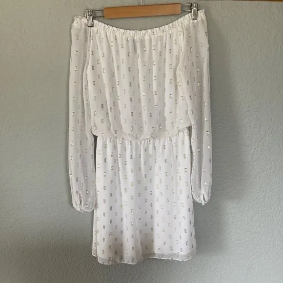 White House Black Market Jacquard Boho Dress Off the Shoulders Sz XS White/Gold