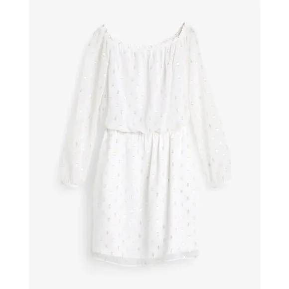 White House Black Market Jacquard Boho Dress Off the Shoulders Sz XS White/Gold