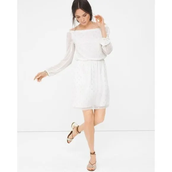White House Black Market Jacquard Boho Dress Off the Shoulders Sz XS White/Gold