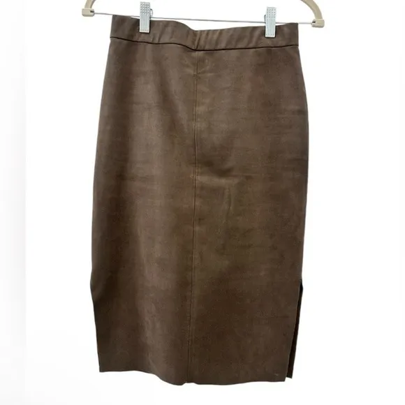 Wilfred Free Women’s Size 2 Faux Suede Midi Pencil Skirt Brown Side Slit Chic