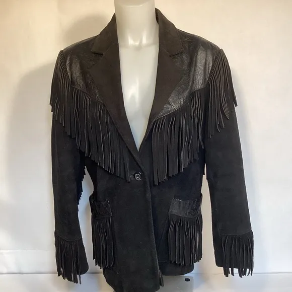 Wilsons Leather Vintage Women's Western Fringed Black Leather Jacket size small
