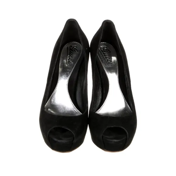 Women's Gucci Black Suede Peep Toe Platform Heels Size 39