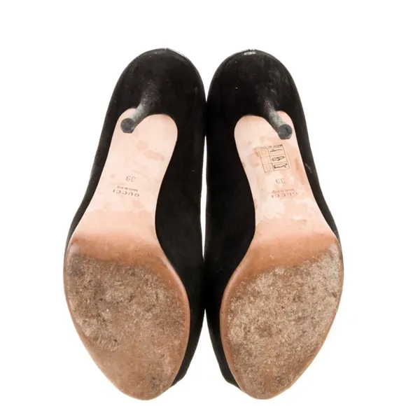 Women's Gucci Black Suede Peep Toe Platform Heels Size 39