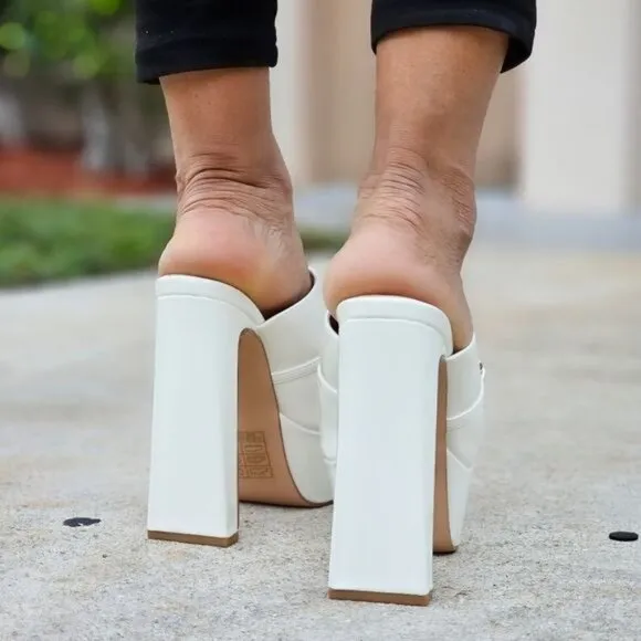 Women's Platform Heeled Mule Open Loafers White Color Patent