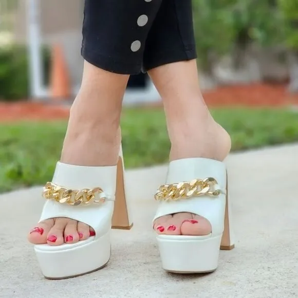 Women's Platform Heeled Mule Open Loafers White Color Patent
