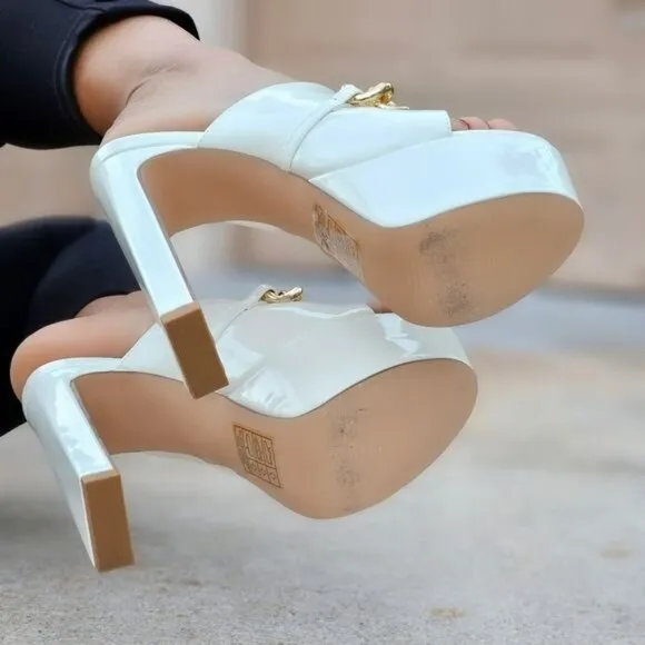 Women's Platform Heeled Mule Open Loafers White Color Patent