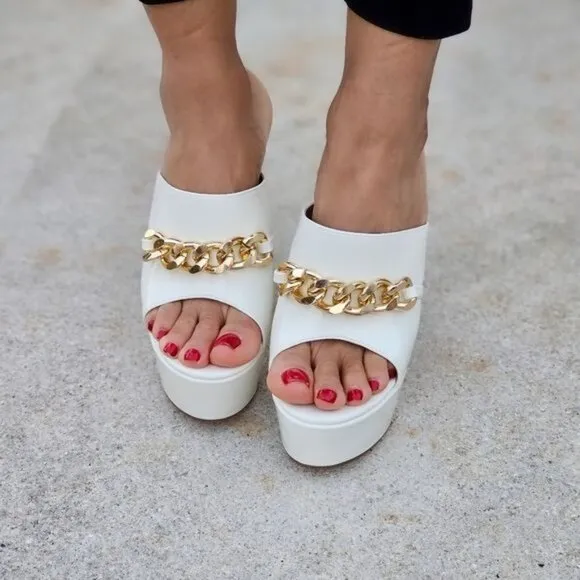 Women's Platform Heeled Mule Open Loafers White Color Patent