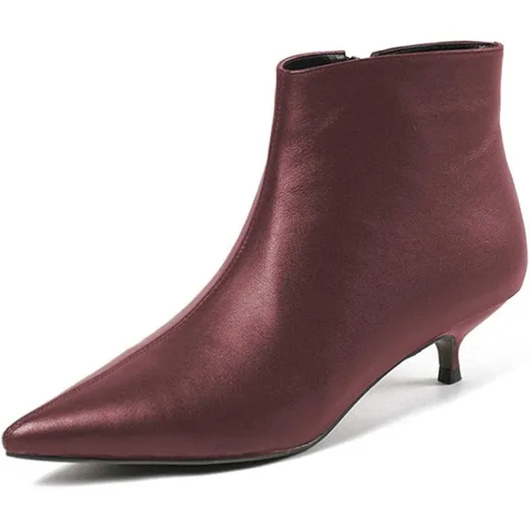 Women's Pointed Toe Matte Leather Zip Up Comfort Low Kitten Heel Ankle Boots