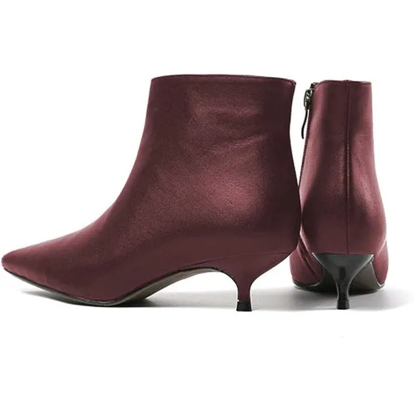 Women's Pointed Toe Matte Leather Zip Up Comfort Low Kitten Heel Ankle Boots