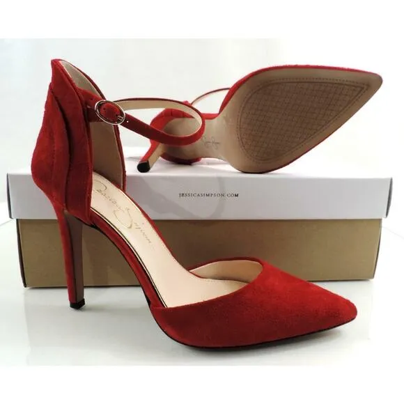 Women's Shoes Jessica Simpson Carlette Ankle Strap Pumps Red Suede Size 7.5