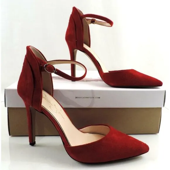 Women's Shoes Jessica Simpson Carlette Ankle Strap Pumps Red Suede Size 7.5