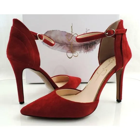Women's Shoes Jessica Simpson Carlette Ankle Strap Pumps Red Suede Size 7.5