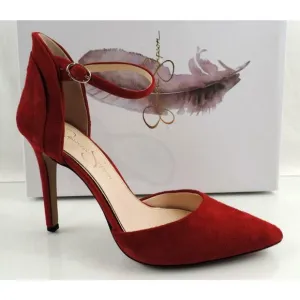 Women's Shoes Jessica Simpson Carlette Ankle Strap Pumps Red Suede Size 7.5