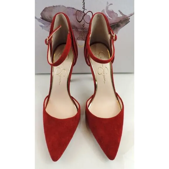 Women's Shoes Jessica Simpson Carlette Ankle Strap Pumps Red Suede Size 7.5