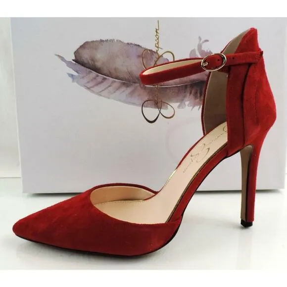 Women's Shoes Jessica Simpson Carlette Ankle Strap Pumps Red Suede Size 7.5