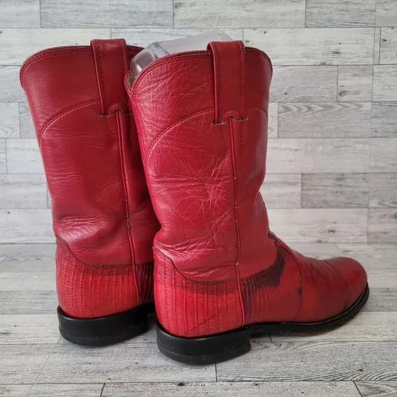 Women's Vintage Justin Western Red Teju Lizard Leather Roper Cowboy Boots sz 6.5