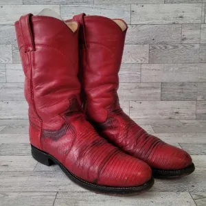 Women's Vintage Justin Western Red Teju Lizard Leather Roper Cowboy Boots sz 6.5
