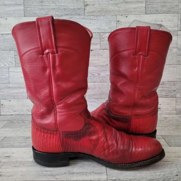 Women's Vintage Justin Western Red Teju Lizard Leather Roper Cowboy Boots sz 6.5
