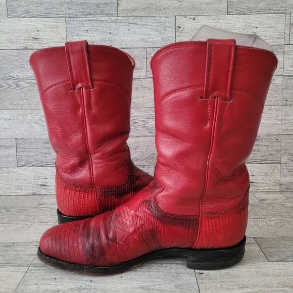 Women's Vintage Justin Western Red Teju Lizard Leather Roper Cowboy Boots sz 6.5