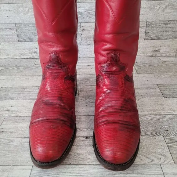 Women's Vintage Justin Western Red Teju Lizard Leather Roper Cowboy Boots sz 6.5