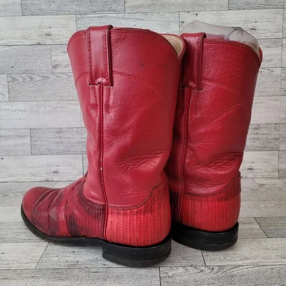 Women's Vintage Justin Western Red Teju Lizard Leather Roper Cowboy Boots sz 6.5