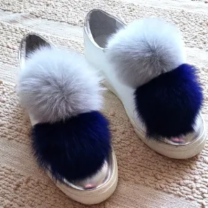 Women's White and Silver Slip-On Shoes with Blue and Gray Pom Poms. Size 7,5