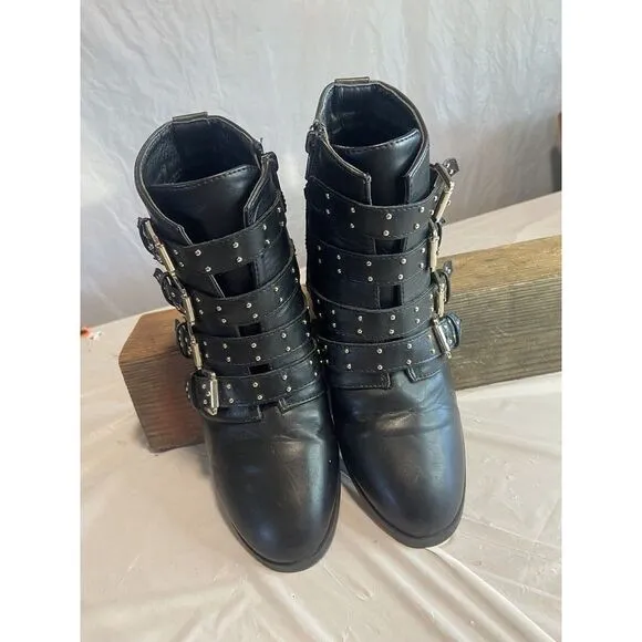 Women's Yoki Jannat‎ Black Strappy &amp; Studded Ankle Boots- Size 8-Very Nice