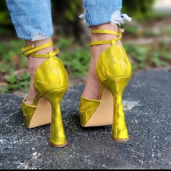 Womens Double Sole Pointy Platform Heels Yellow Hologram Color